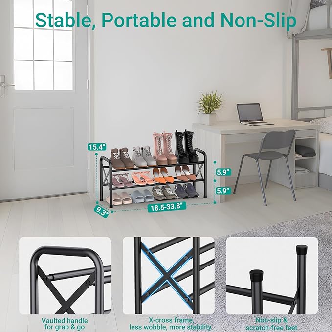 2-Tier Expandable Shoe Rack for Closet Floor, X-Frame Metal Small Shoe Rack for Entryway, Adjustable Shoe Shelf Organizer, Free Standing Shoe Racks for Front Door Entrance, Garage - Black
