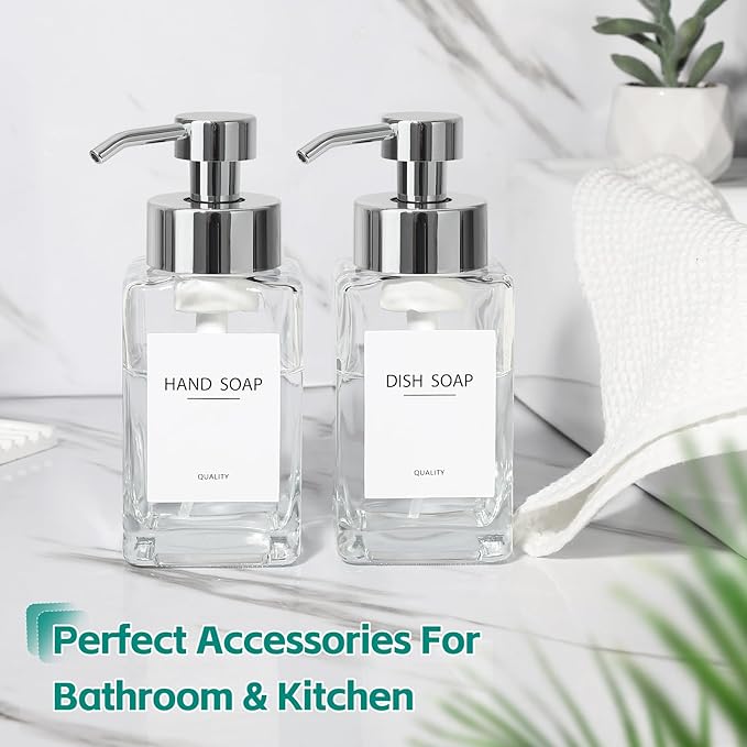 Foaming Soap Dispenser, 12oz/350ml Glass Hand Soap Dispenser Set, Refillable Foam Dispenser with Foaming Pump, Labels, Square Hand Dispenser for Bathroom, Kitchen 2 Pack