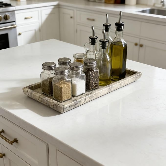 Natural Travertine Marble Vanity Bathroom Tray, 12 x 6 Inch Elegant Home Decor Tray for Kitchen,Bathroom,Dresser, Coffee Table,Sink Storage Holder Organizer, Gray Travertine (NS052)