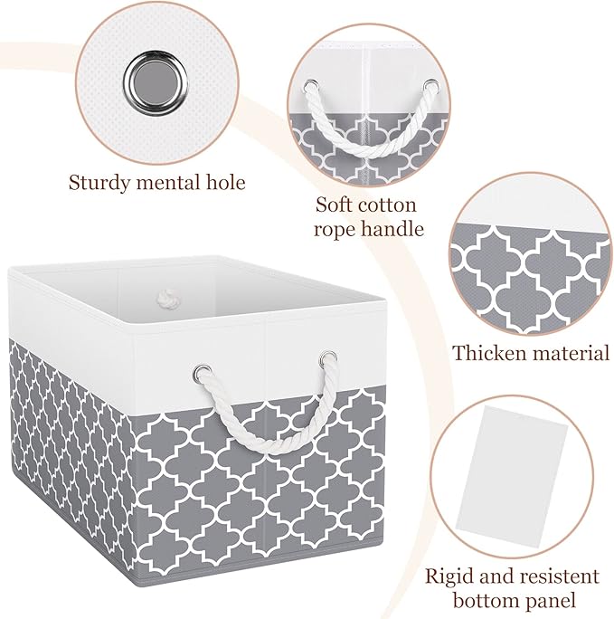 Storage Bin,Collapsible Storage Basket For Organizing,Large Storage Boxes With Rope Handles,Storage Containers,Clover Grey,3 Pack