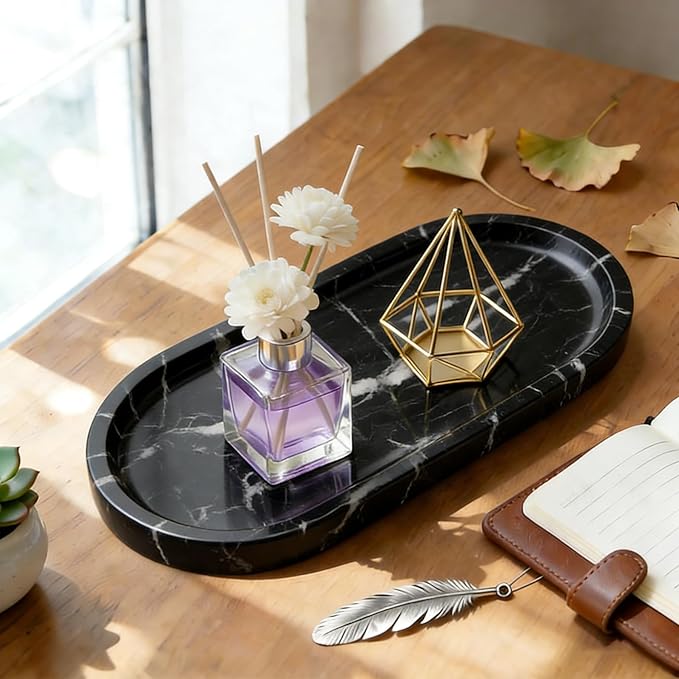 Natural Marble Tray, White Stone Tray, Vanity Decorative Tray for Countertop, Catchall for Perfume, Candles, Skincare, Jewelry Dish, Bathroom Tray, Hotel Supplies