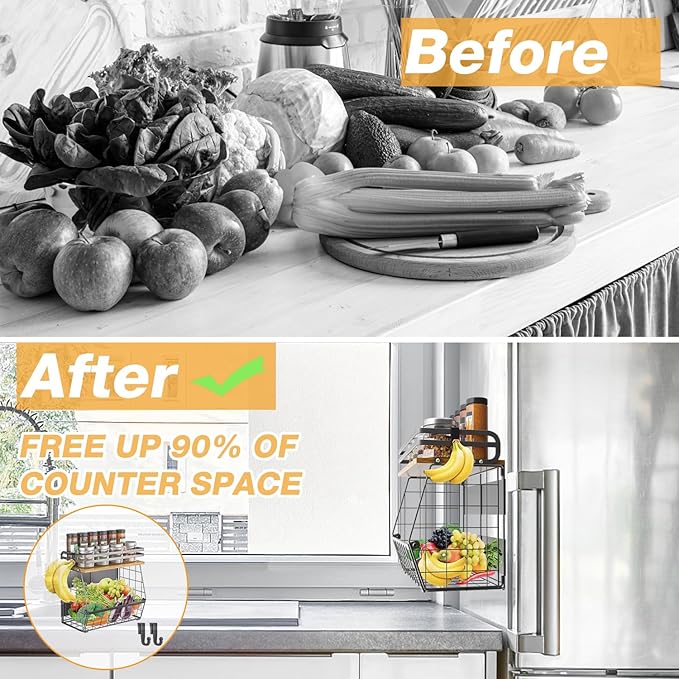 Magnetic Shelf for Fridge with Wood Lid, Magnetic Spice Rack for Refrigerator Large Capacity Wire Basket Kitchen Storage Bin for Fruit, Onion, Potatoes, Storage Organizer for Counter & Cabinet, Black