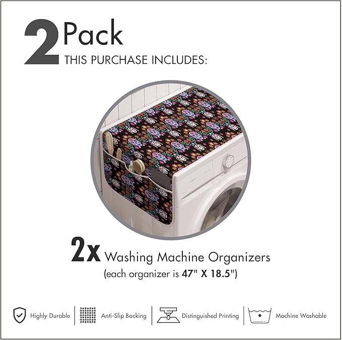Ambesonne Dia De Los Muertos Washing Machine Organizer Pack of 2, Continuous Mexican Sugar Skull Pattern with Flowers on Dark, Anti-Slip Cover for Washers Dryers, 47" x 18.5", Purple Black