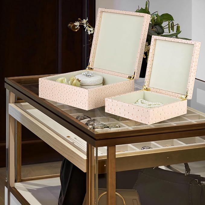 HofferRuffer Square Decorative Boxes, Set of 2 Nesting Storage Memory Keepsake Boxes with Lids, Stylish PU Leather Trinket Jewelry Organizer Box for Home Decor and Storage (CreamWhite Ostrich)