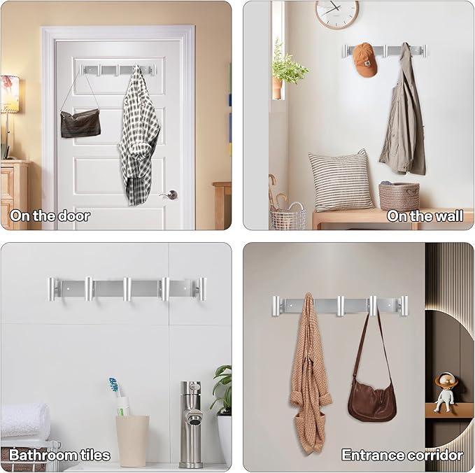 Silver Coat Hooks, Silver Wall Mounted Coat Rack – 5 T-Shaped Towel Rack for Hats, Bags & Towels, Heavy-Duty Metal Rail for Entryway, Bathroom, Closet, Bedroom