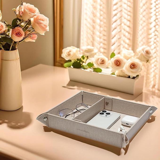 UnionBasic Medium Valet Tray, Jewelry Tray for Rings Watches Earrings, Entryway Catchall Caddy for Coins Keys Change, Nightstand Bedside Valet Holder, Trays for Electronic Gadgets, Beige Plus