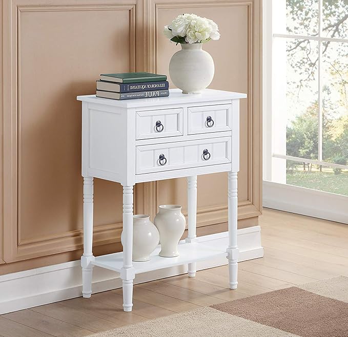 Convenience Concepts Kendra Entryway Hall Table 23.75" - 3 Storage Drawers, Traditional Console with Shelf for Decor, Office & Hallway Organizer, No Tools Assembly, Solid Wood Legs, White