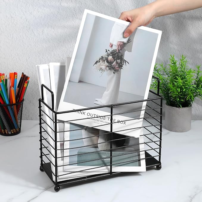 Metal Magazine Rack Floor, Wire Magazine Rack Storage Organizer with Handles - Iron Wire Black Folder Stand Holder for Home Office Bathroom Bedroom Living Room