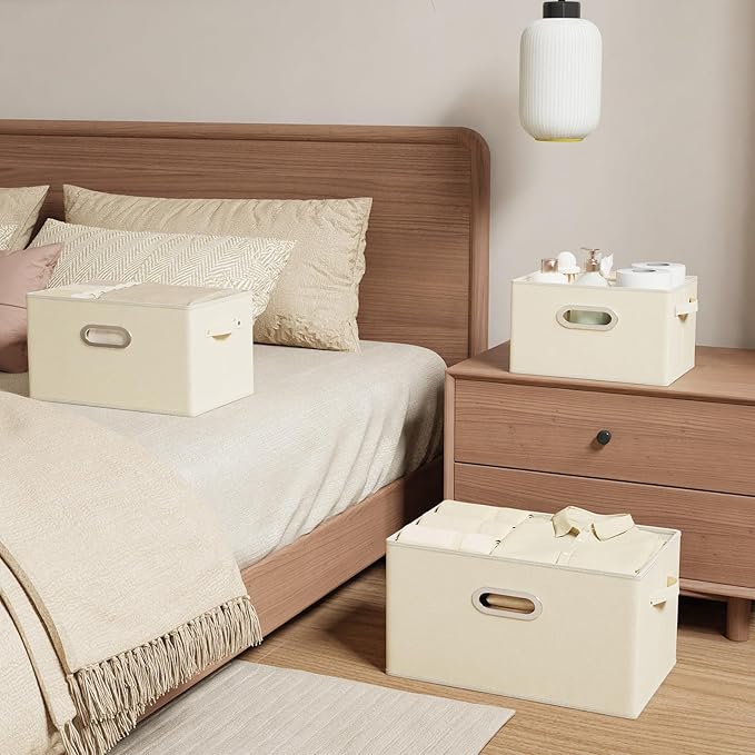 Foldable Cloth Basket with 4 Handles, Decorative Open Storage Boxes, Stackable Cube Organization, Fabric Bins for Shelves, Closet, Living Room, 15x9.8x9.8in, Beige, 4 Pack
