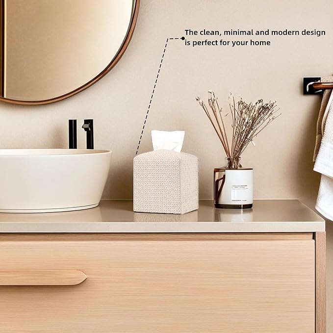 Tissue Box Cover Square PU Leather Facial Kleenex Box Cover Holder Tissue Case Cube Facial Paper Organizer Dispenser for Bathroom, Vanity Countertop, Tabletop, Car, Office Beige