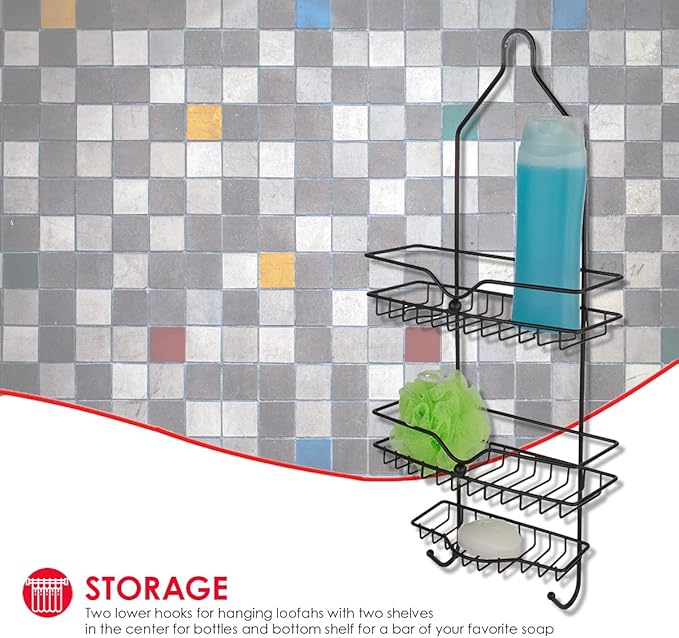 Home Basics Classic 2 Shelf Shower Caddy with Bottom Hooks and Center Soap Dish Tray, Bronze, Black