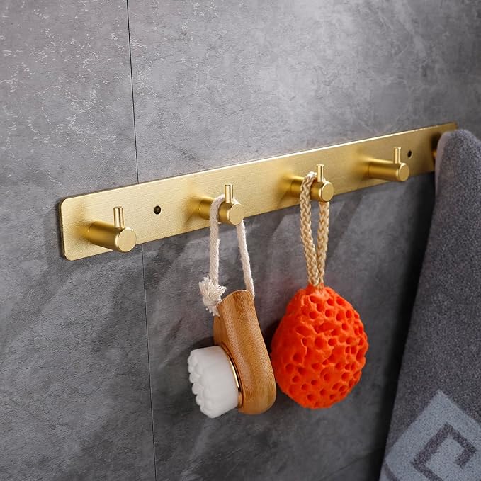 Adhesive Bathroom Gold Hook Rail, 5 Brushed Gold Wall Key Hooks Rack Hanger Towel Robe Stick Door Hooks for Bathroom Toilet Entryway Hallway Kitchen Wall Mounted