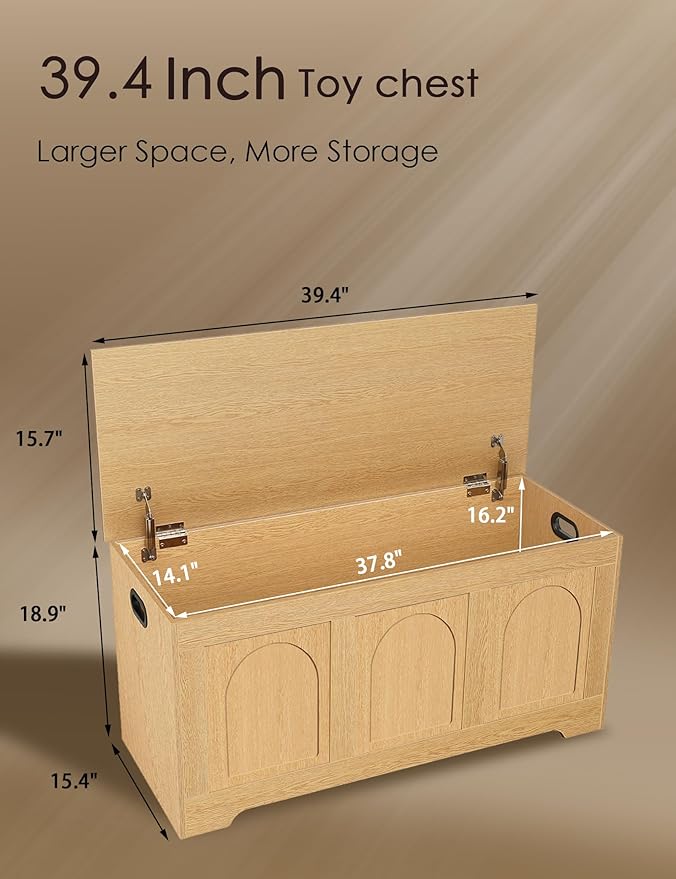 DINZI LVJ Storage Chest, 39.4âWooden Storage Box with 2 Safety Hinges, Entryway Shoe Bench with Flip-Top, Trunk for Living Room, Bedroom, Easy Assembly, Natural