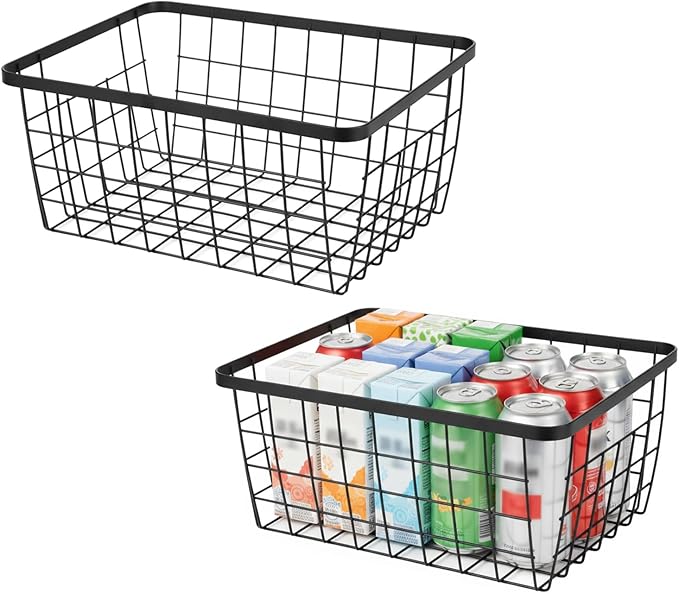 Kitchen Metal Wire Baskets with Handles Food Storage Organizer, Household Refrigerator for Cabinets,Pantry,Bathroom,Black,2 Pack