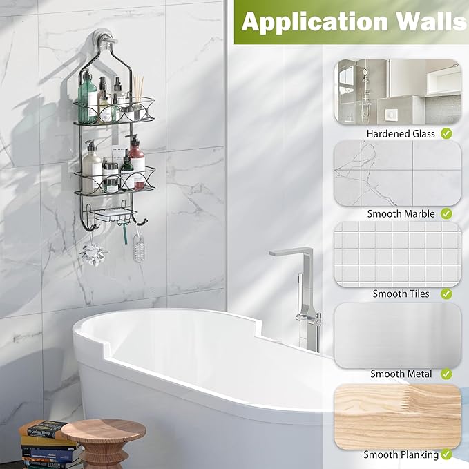 Shower Caddy Hanging Organizer, Over Shower Head Rack Removable Design For Versatile Storage of Bottles and Accessories With Suction Cup Hooks Black Coated