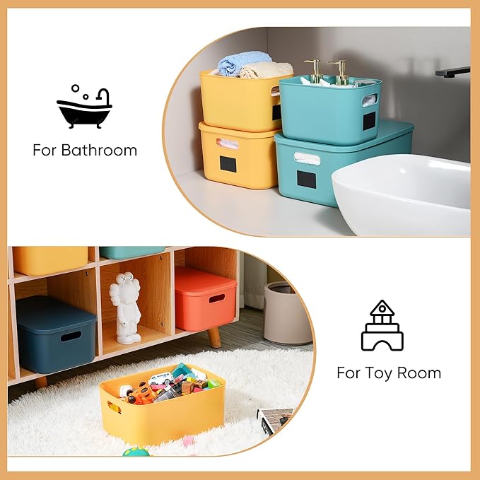 Plastic Storage Bins with Lid, Stackable Storage Containers for Organizing, Decorative Storage Baskets for Shelves Living Room Playroom Classroom Office (Medium (4 PCS))