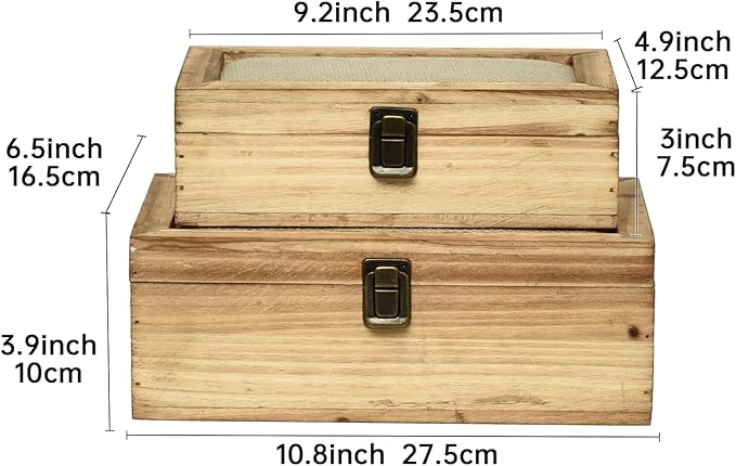 Decorative Storage Boxes with Hinged Lid, 2 Pcs Memory Box for Keepsakes, Wooden Treasure Chest Box, Large Vintage Craft Box Trunk Basket for Men, Kids, Jewelry, (Linen Lid, White)