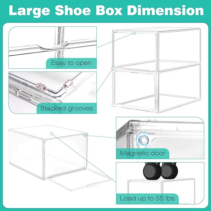 12 Pack Drop-Front Clear Shoe Storage Box Acrylic Box Shoe Organizer Size 13, Stackable Shoe Tower with Magnetic Door Large Storage Bins for Sneaker Containers Display & Closet Organization