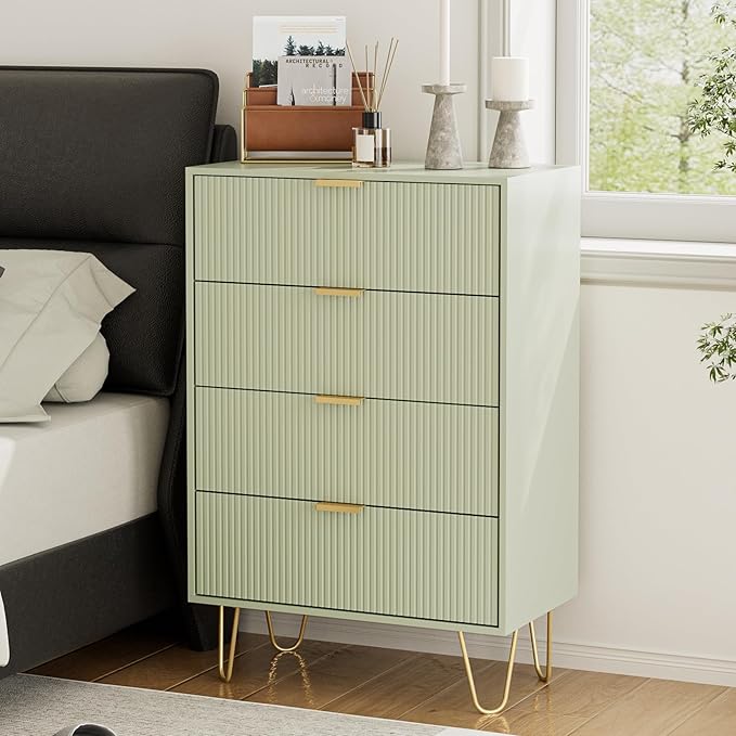 Masupu 4 Drawer Dresser, Drawer Chest, Tall Storage Dresser Chest Cabinet Organizer Unit with Gold Metal Legs, Nightstand for Bedroom, Living Room, Closet, Hallway Green Stripe