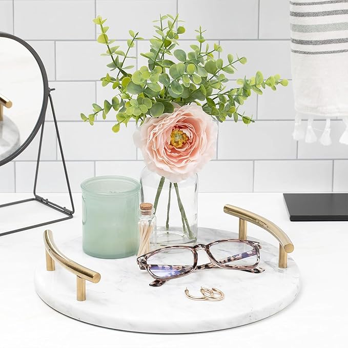 White Marble Tray with Gold Handles - Elegant Solid Marble - Chic Modern Elegant Round Vanity Tray for Bathroom