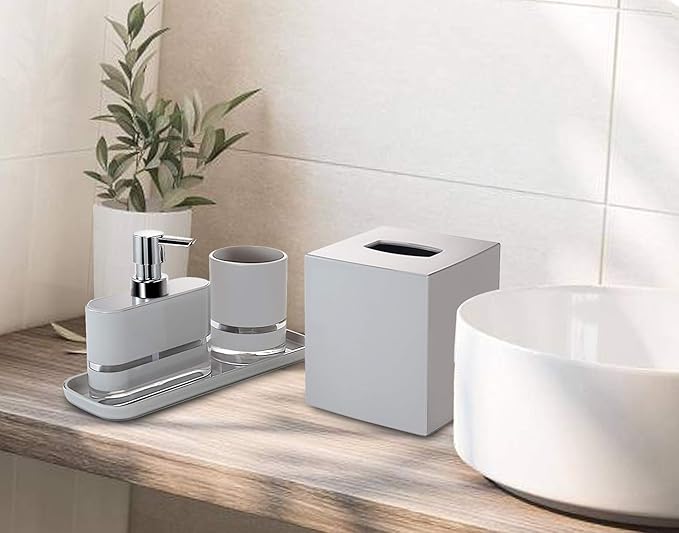 Decozen Bathroom Accessories Set of 4 - Elegant Soap Dispenser, Tumbler, Tissue Box & Tray for Modern Decor Home Decor Bath Accessories, Ideal Bathroom Decor & Housewarming Gift - Light Grey