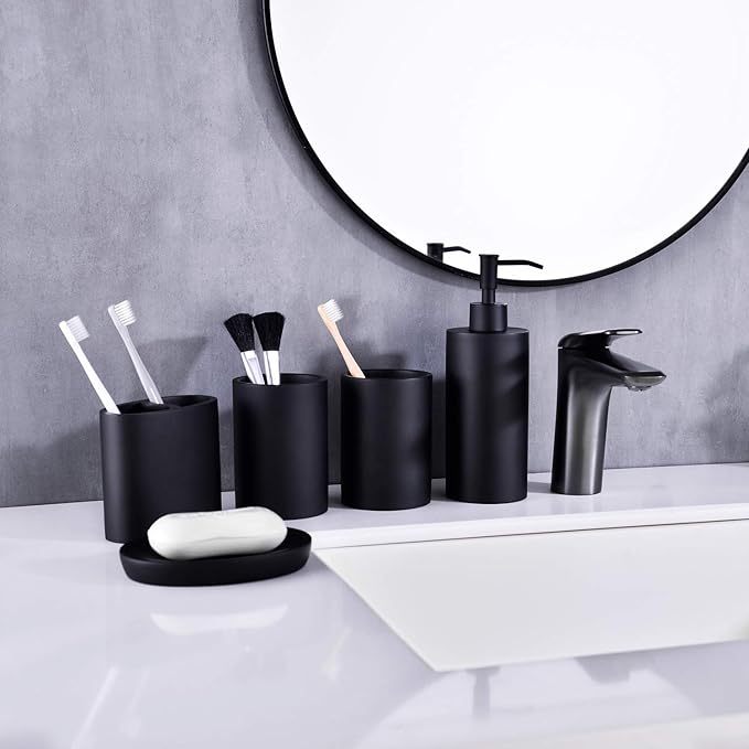 Matte Black 5 Piece Bathroom Accessories Set - Resin Countertop Kit with Soap Dispenser, Toothbrush Holder, 2 Tumbler Cups, Soap Dish