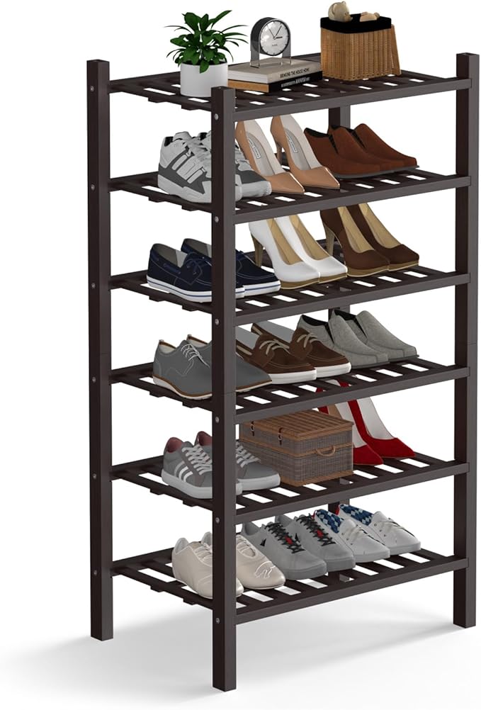 Haddockway Small 6 Tier Bamboo Shoe Rack Storage Organizer,Multifunctional Free Standing Stackable Shoe Shelf with Grid Panel for Closet,Hallway,Entryway,Small Space 18"x11"x34"