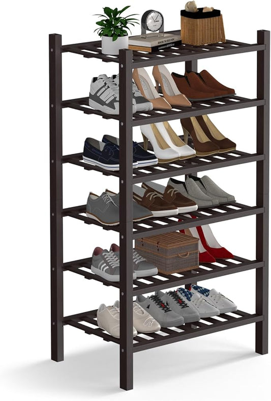 Haddockway Small 6 Tier Bamboo Shoe Rack Storage Organizer,Multifunctional Free Standing Stackable Shoe Shelf with Grid Panel for Closet,Hallway,Entryway,Small Space 18"x11"x34"