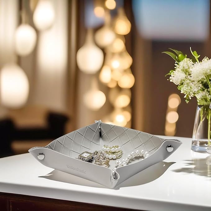 UnionBasic Small Valet Tray, Jewelry Tray for Rings Watches Earrings, Entryway Catchall Caddy for Coins Keys Change, Nightstand Bedside Valet Holder, Trays for Electronic Gadgets, Woven Light Gray