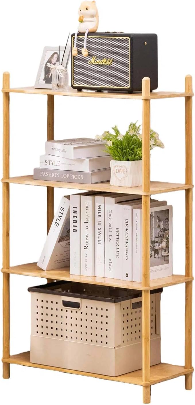 4-Tier Expandable Freestanding Open Bamboo Book Shelf - No-Tool Assembly & Modular,Bathroom Storage Shelf Unit Plant Stand for Small Space, Bedroom, Living Room, Home Office