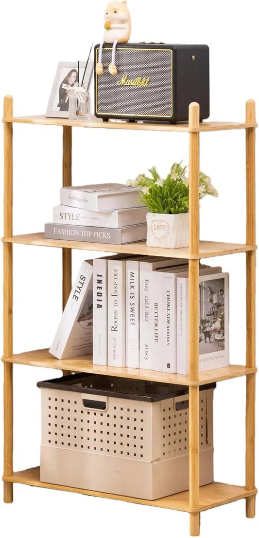 4-Tier Expandable Freestanding Open Bamboo Book Shelf - No-Tool Assembly & Modular,Bathroom Storage Shelf Unit Plant Stand for Small Space, Bedroom, Living Room, Home Office
