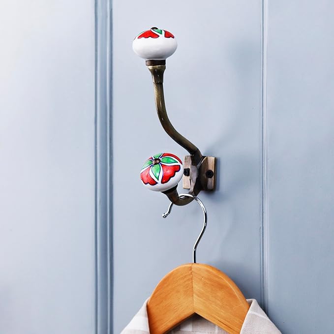 Indian Shelf Pack of 6 Heavy Duty Double Prong Multicolor Decorative Coat Hooks Unique Coat Rack Wall Mount Ceramic Wall Hooks for Hanging Towel Holder Backpack Purse Hanger- Style 10