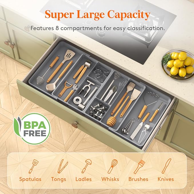 Lifewit Expandable Utensil Organizer for Kitchen Drawer, Adjustable Cooking Silverware Tray, Plastic Cutlery Flatware Holder, Spatula Tools Gadgets Storage Divider, 53-91 x 43cm, Plastic, Gray