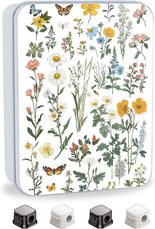 Metal Tin Box with Lid,Multi-functional Storage Large Box Can Store Tea Biscuits Game Cards, Playing & Tarot Cards-Comes with 4 Magnetic Cord Clips,Flower Garden Butterfly