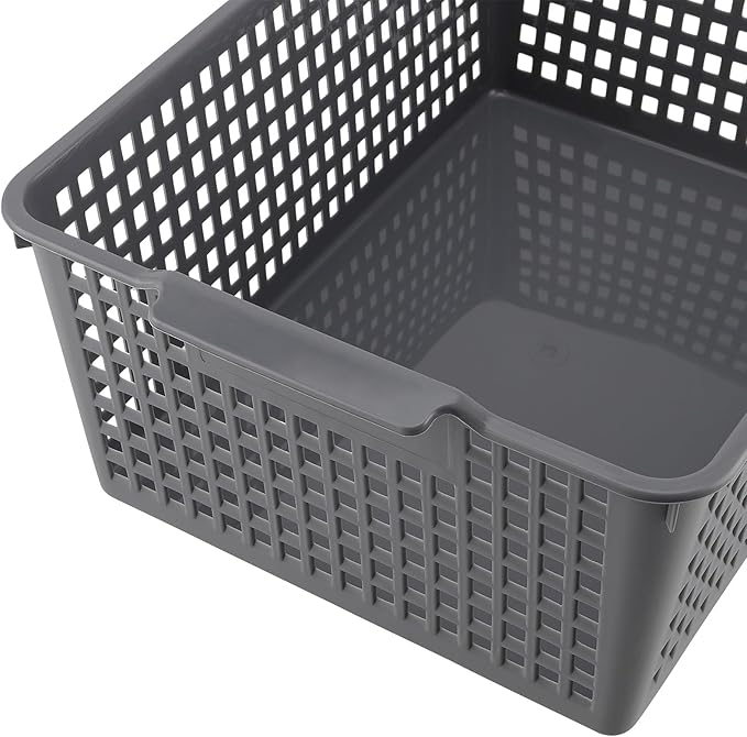 3 Pack Large Plastic Storage Baskets, 14.3 x 10.2 x 5.7 Inch Grey Storage Bins, Stackable Plastic Woven Basket Organizer Tray for Pantry Organization
