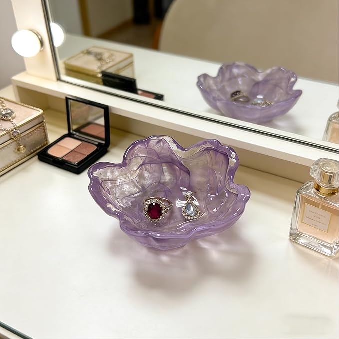Flower Ring Dish Jewelry Tray, Glass Jewelry Dish Tray, Aesthetic Room Decor Small Trinket Dish, Nightstand Ring Holder Dish, Bathroom Jewelry Plate Bowl for Earrings (Watercolor Violet Purple)