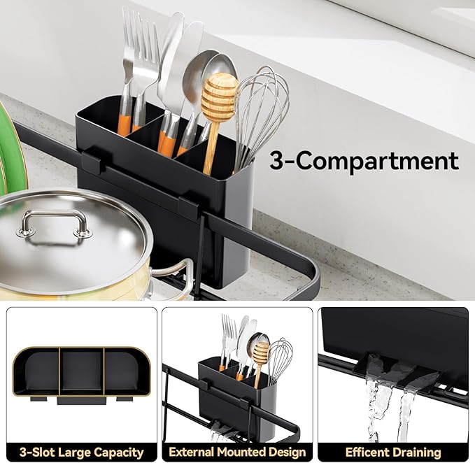 TOOLF Dish Drying Rack, Dish Racks for Kitchen Counter, Stainless Steel Sink Organization and Storage Essentials with Cutlery Holder, Dish Drainer, Home and Appartment Decor, 12.4''W x 16.5''L, Black