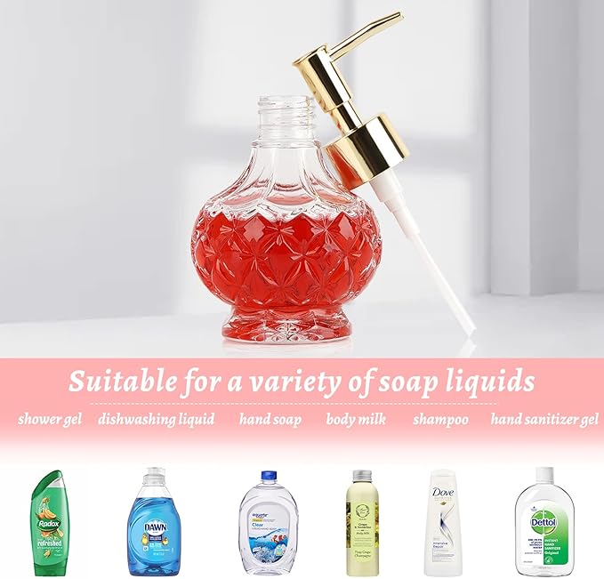 Glass Hand Soap Dispenser Bathroom with Rust Proof Pump for Kitchen Dish Soap, Hand Soap, Essential Oil & Lotion (New Gold)