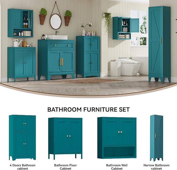 White Narrow Metal Storage Cabinet, Tall Freestanding Cabinet with 4 Adjustable Shelves & Barn Doors, Pantry Organizer for Bathroom Kitchen Home Office Dining Room（1PC,Blue