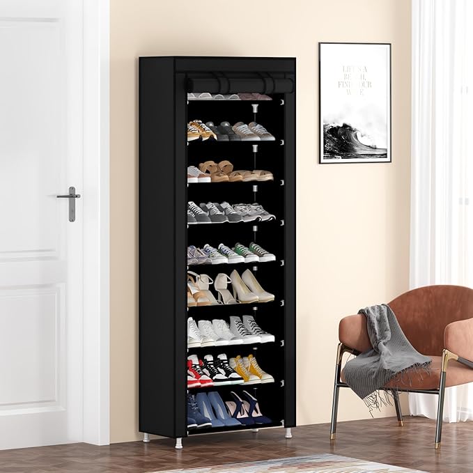 Calmootey 9 Tier Shoe Rack Organizer,Portable Shoe Shelf with Nonwoven Fabric Cover for Closet Hallway,Bedroom,Entryway,Black | Organizer, for Closet, Hallway, Bedroom, Entryway