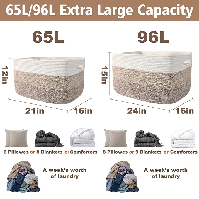 Woven Blanket Basket,65L Large Storage Bin for Blankets Toys Clothes,Decorative Rope Basket for Living Room Bedroom with Handles, White&Brown