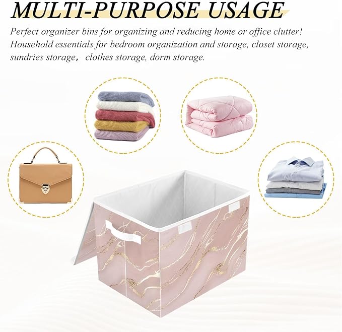 senya Storage Baskets Collapsible Storage Bins with Lids, Rose Gold Pink Marble Boxes Clothes Baskets for Organizing