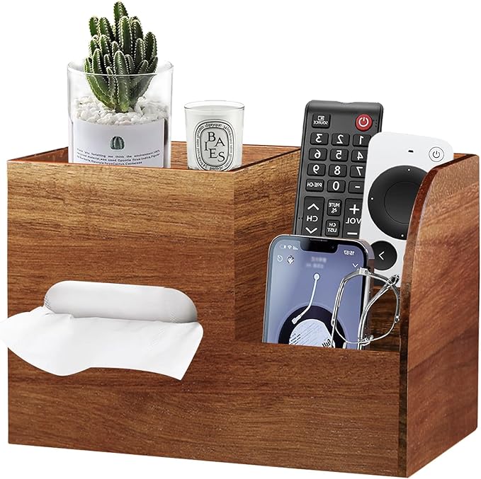 BIBELUN Wood Tissue Box Cover Square with Tray and Remote Holder,Multifunctional Tissues Cube Box Organizer/Shelf/Rack,Napkin Storage Box for Bathroom,Vanity Countertop,Nightstand,Office,Home Decor