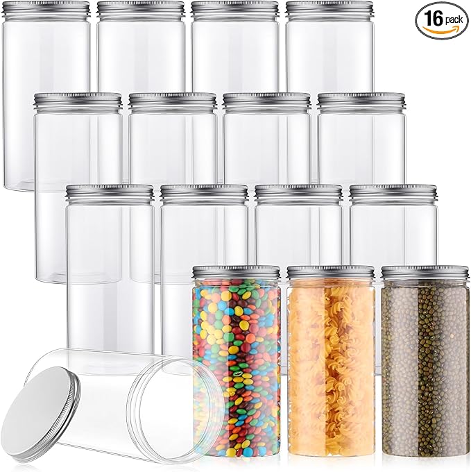 Dandat 16 Pack 30 oz Plastic Jars with Lids Plastic Mason Bottles Container Canister Wide Mouth Cylinders Kitchen Home Organize Storage for Dry Good, Spice, Honey, Candy, Peanut Butter(Silver)