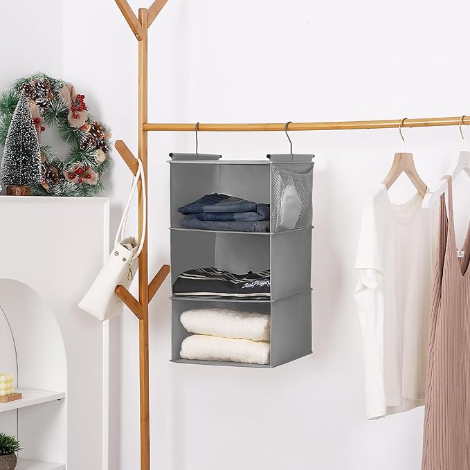 MAX Houser 3 Tier Shelf Hanging Closet Organizer, Closet Hanging Shelf with 2 Sturdy Hooks for Storage, 2 Pack, Foldable (Grey)