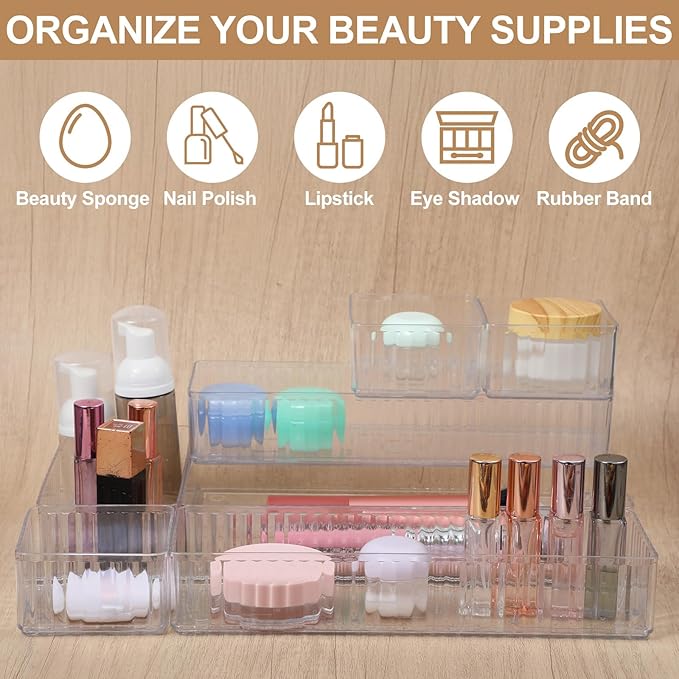 MAQUITA 18 PCS Clear Plastic Drawer Organizer Set 4 Large Size Versatile Kitchen and Bathroom Organizer Trays, Non-Slip Storage Bins for Makeup, Utensils, Tool and Office Desk