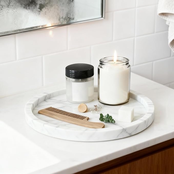 Natural Marble Tray, Round White Tray for Bedroom/Bathroom/Kitchen/Vanity Countertop, Jewelry Tray for Rings Earrings Necklace Bracelet Watch, Room Decor Aesthetic