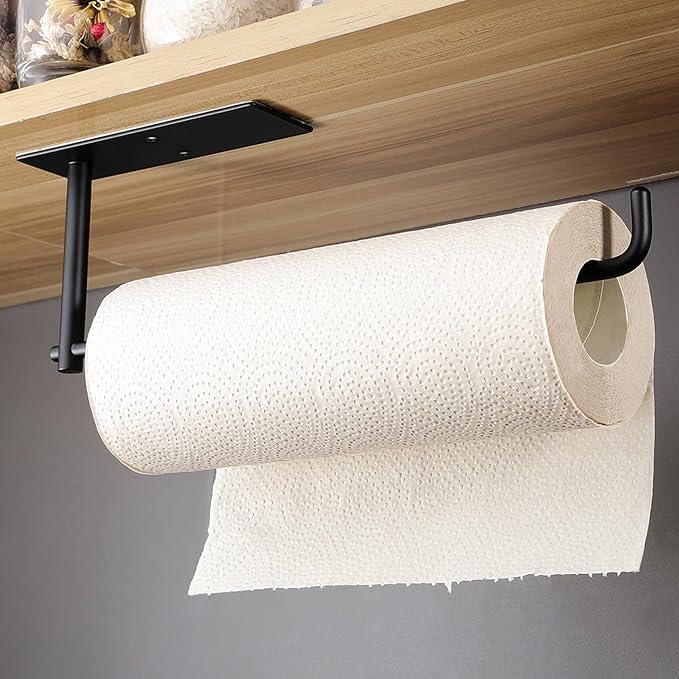 SUNTECH 2 Pack Paper Towel Holder Under Cabinet, Adhesive or Drilling Paper Towel Holder Wall Mounted, Stainless Steel Kitchen Towel Roll Holder for Bathroom, RV (Black)