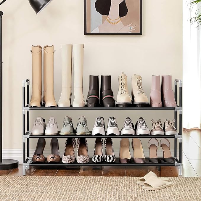 Shoe Rack - 3-Tier Non-Woven Stackable Shoe Shelves for Entryway, Closet, Bathroom 30cm(D) x 92cm(W) x 55cm(H) -Black (3-Tier Non-Woven)