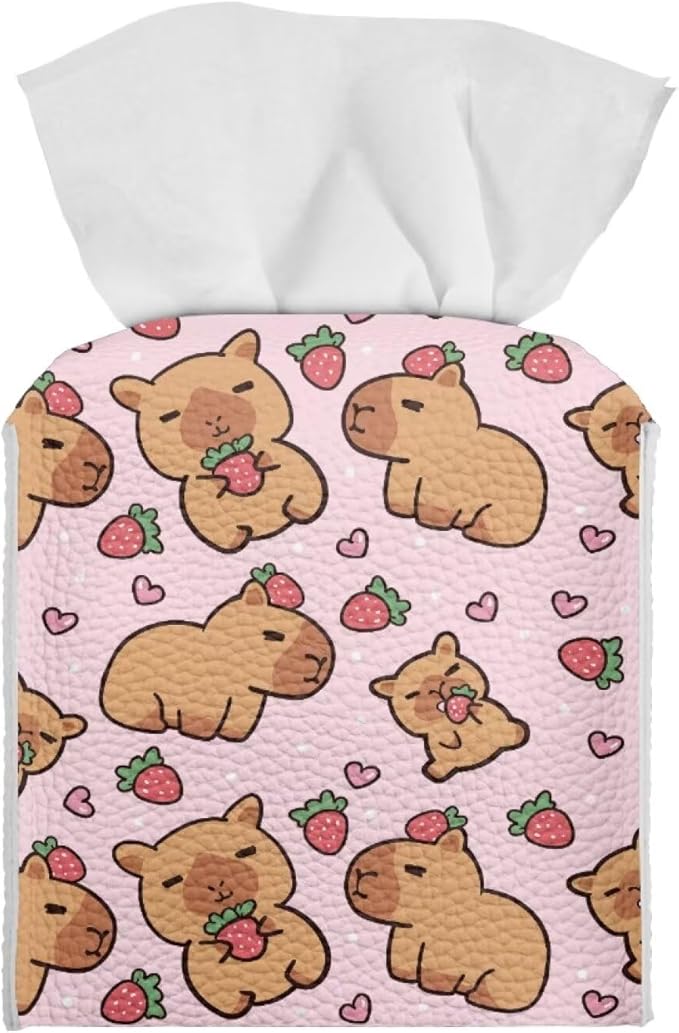 Capybara Strawberry Tissue Box Covers Foldable Square Facial Tissue Case Waterproof Facial Paper Organizers Dispenser for Bathroom Night Stand